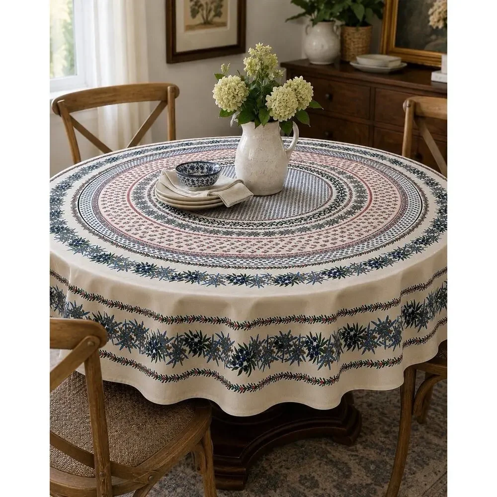 Le Cluny France Olives & Mimosa Provential 69” Round Acrylic Coated Tablecloth